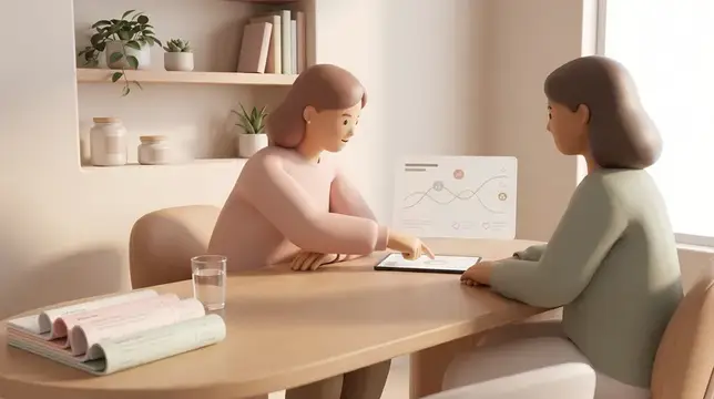 Мягкая 3D-консультация в клинике: две женщины изучают информацию о здоровье, идеально подходит для женского здоровья и медицинских услуг