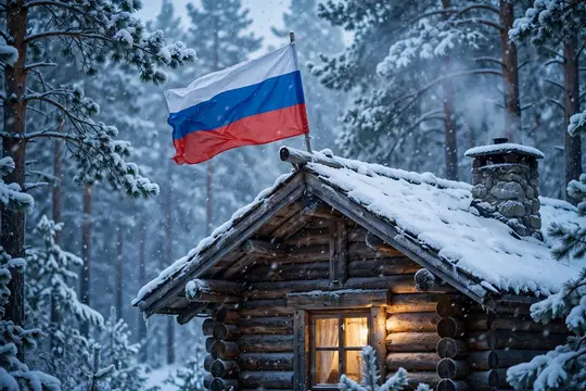 Бревенчатая изба с флагом России в заснеженном лесу