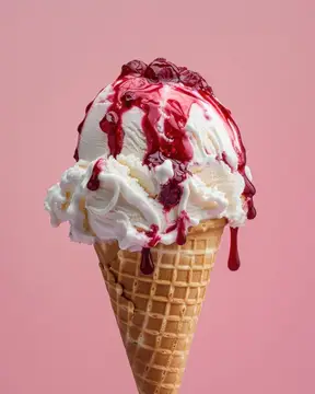 Вафельный рожок с белым мороженым и стекающим вишнёвым сиропом на розовом фоне