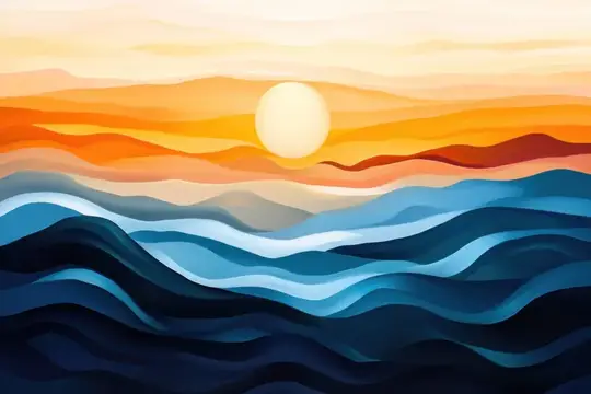 Иллюстрация заката над морем с волнистыми слоями