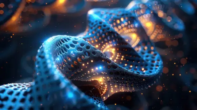 3D-рендер синей сетчатой спирали с золотыми искрами