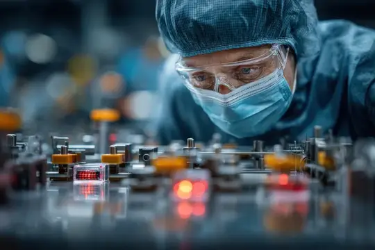 Работник в защитной маске и очках собирает электронику на заводе