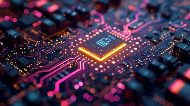 3D-рендер светящегося процессора на футуристической печатной плате