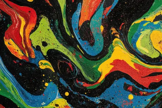 Абстрактное произведение искусства с динамичными закручивающимися узорами ярких цветов, таких как красный, синий, зеленый и желтый, на черном фоне, идеально подходит для творческих проектов