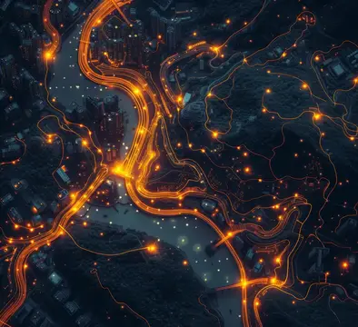 Светящиеся оранжевые линии дорог на ночном снимке города сверху