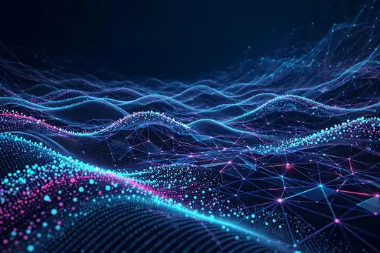 3D-рендер цифровых волн с неоновой сеткой частиц