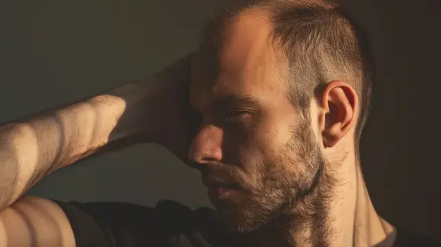 Задумчивый бородатый мужчина в тени у окна