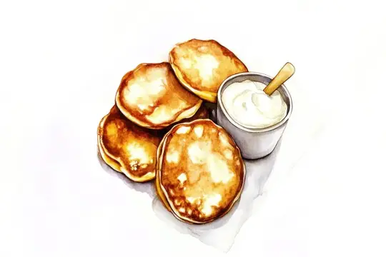 Вкусные пышные блины, поданные с ложкой сметаны на чистом белом фоне