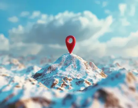3D-рендер с красной меткой на вершине заснеженной горы