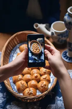 Руки фотографируют на смартфон домашнюю выпечку в плетёной корзине