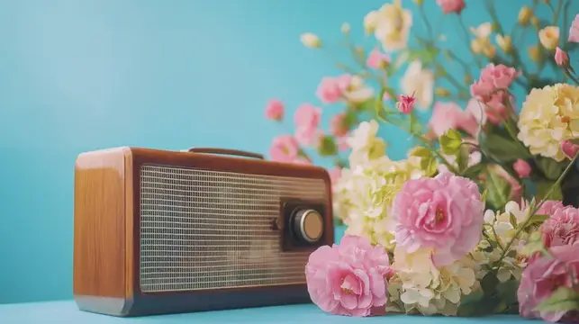 Винтажное радио и нежные розовые цветы на бирюзовом фоне
