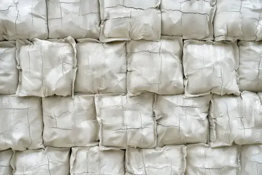 Фон из сложенных белых тканевых мешков, демонстрирующий уникальную текстуру и расположение