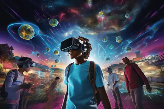 Темнокожий парень в VR-очках среди светящихся планет и других людей