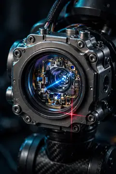 3D-рендер футуристической камеры с синим лазером внутри объектива