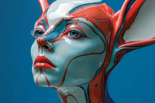 3D-рендер фантастического лица с красными линиями на синем фоне