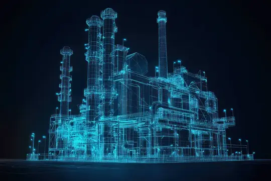 3D-рендер завода с голубыми неоновыми контурами на тёмном фоне