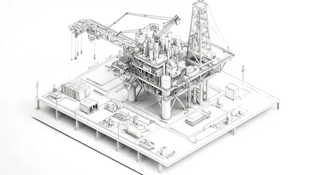 Эта монохромная иллюстрация нефтяной буровой установки детально показывает сложное оборудование и процессы