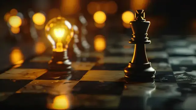 Черная шахматная фигура и светящаяся лампа на доске