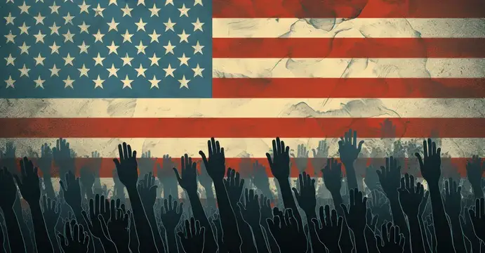 Иллюстрация с поднятыми руками на фоне флага США