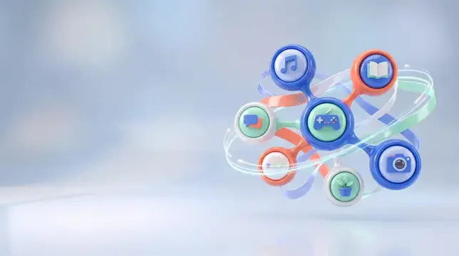 3D-рендер разноцветных иконок приложений на орбитах