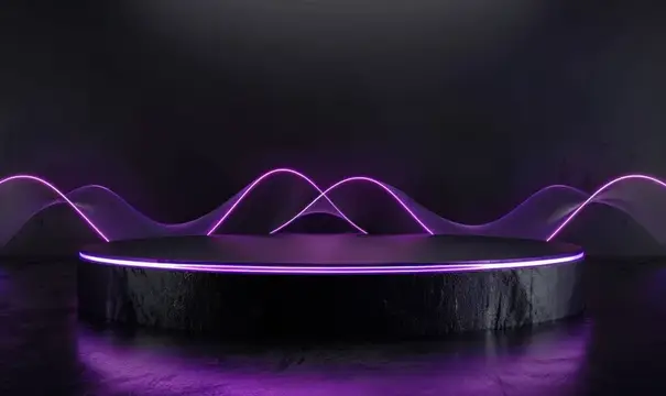3D-рендер тёмной сцены с подсвеченным фиолетовым подиумом и волнистыми линиями