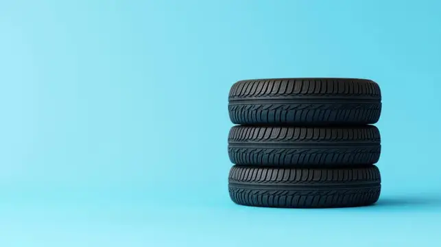 Стопка из трёх новых автомобильных шин на голубом фоне