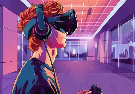 Рыжеволосый парень в VR-очках в неоновом коридоре