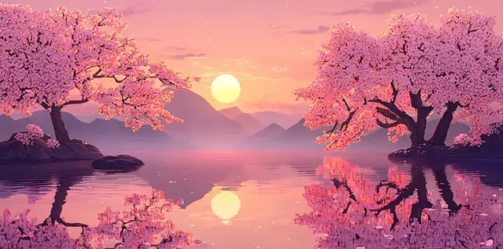 Иллюстрация с цветущими сакурами над розовым озером на закате