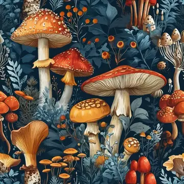 Бесшовный грибной лес: причудливая природная иллюстрация на текстильном фоне