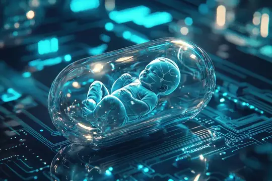 3D-рендер младенца в светящейся капсуле на микросхеме