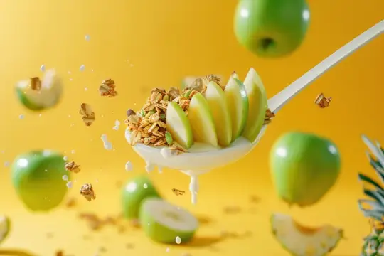 Ложка с зелёными яблоками и ананасами на жёлтом фоне