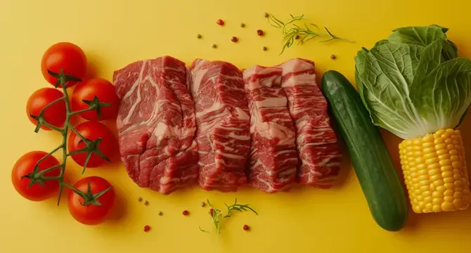 Свежие овощи и куски сырого мяса на жёлтом фоне