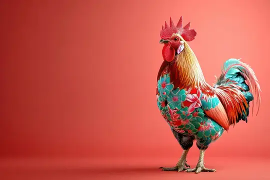 3D-рендер петуха с ярким цветочным узором на красном фоне