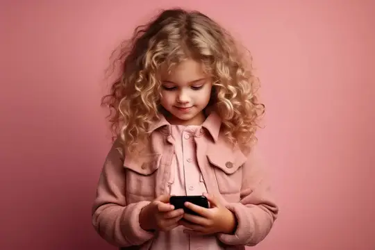 Маленькая девочка-кавказка играет со смартфоном, общаясь по мобильному телефону