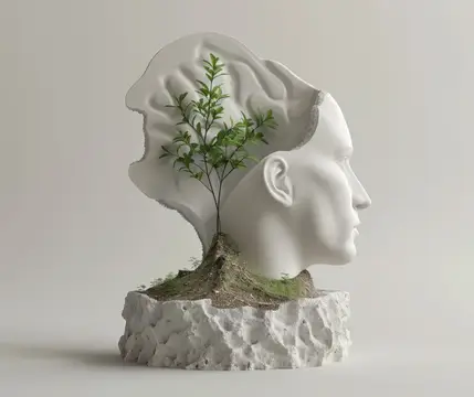 3D-рендер белой головы с растущим деревом вместо мозга