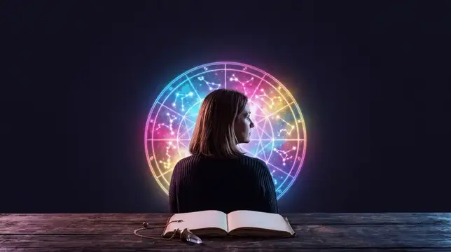 Женщина с открытой книгой перед светящимся зодиакальным кругом