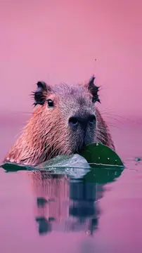Капибара с листом кувшинки плывёт в розовой воде