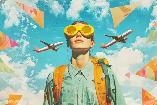 Коллаж с девушкой в жёлтых очках и рюкзаком на фоне летящих самолётов