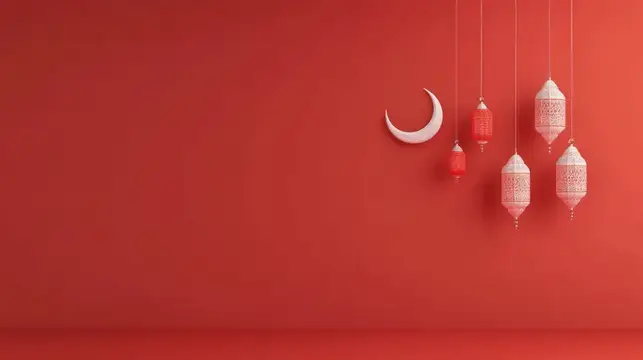 3D-рендер с полумесяцем и фонарями на красном фоне