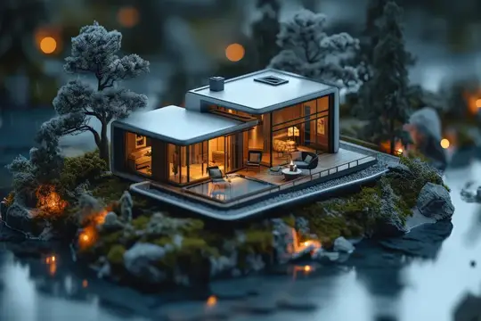 3D-рендер современного дома с тёплым светом на заснеженном острове