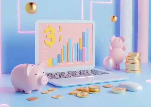 3D-рендер с ноутбуком, копилками и монетами на финансовую тему