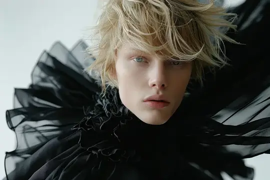 Элегантная молодая женщина с blond-волосами в черном платье с оборками грациозно позирует на белом фоне