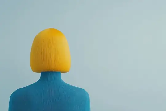 3D-рендер фигуры с жёлтой головой в синем свитере