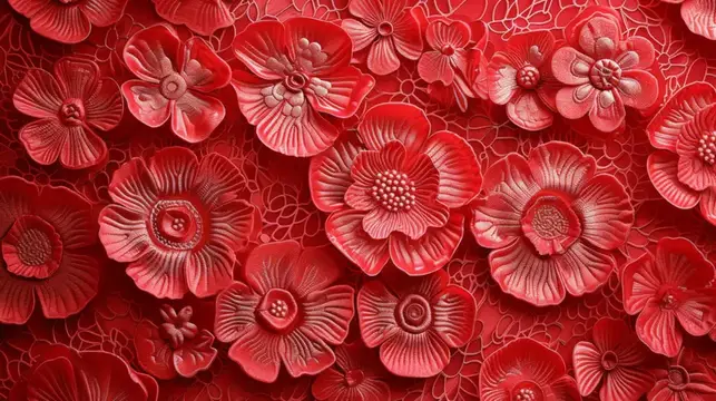 3D-рендер с красными объёмными цветами на кружевном фоне