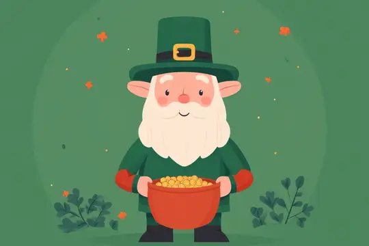 Веселый лепрекон с горшком золота на пышном зеленом фоне идеально подходит для тем Дня Святого Патрика, демонстрируя радость, удачу и культурное празднование
