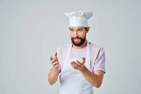 Бородатый повар в колпаке и фартуке жестикулирует на светлом фоне