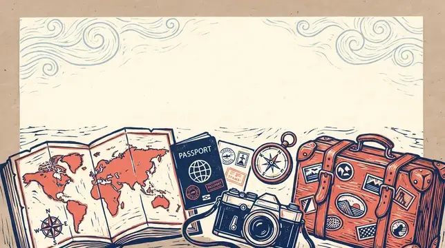Гравюра на линолеуме, вырезанная вручную, с изображением предметов для путешествий: карты, паспорта, компаса и чемодана в нижней части