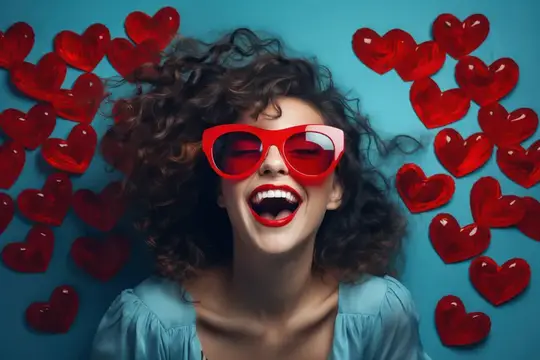 Кудрявая девушка в красных очках смеётся среди красных сердец
