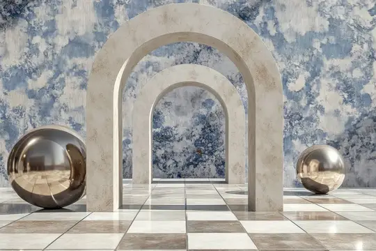 3D-рендер с арками, зеркальными сферами и мраморной стеной