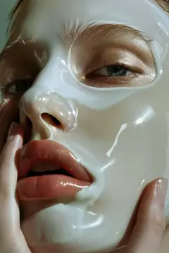 Крупный план портрета женщины с белой косметической маской для лица, процедура ухода за кожей на лице и руках